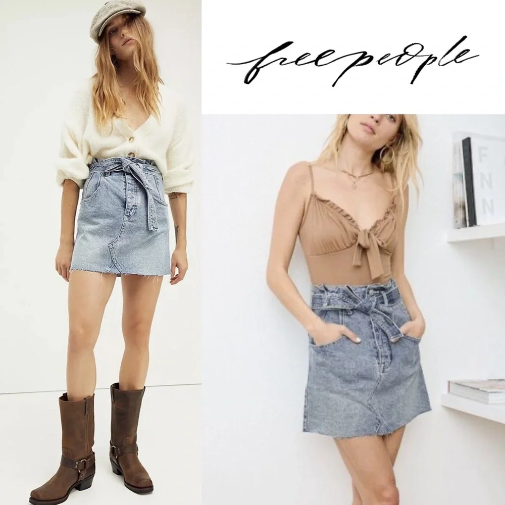We the Free | NWT East of Eden Denim Mini Skirt Mid Indigo Belted Size 24